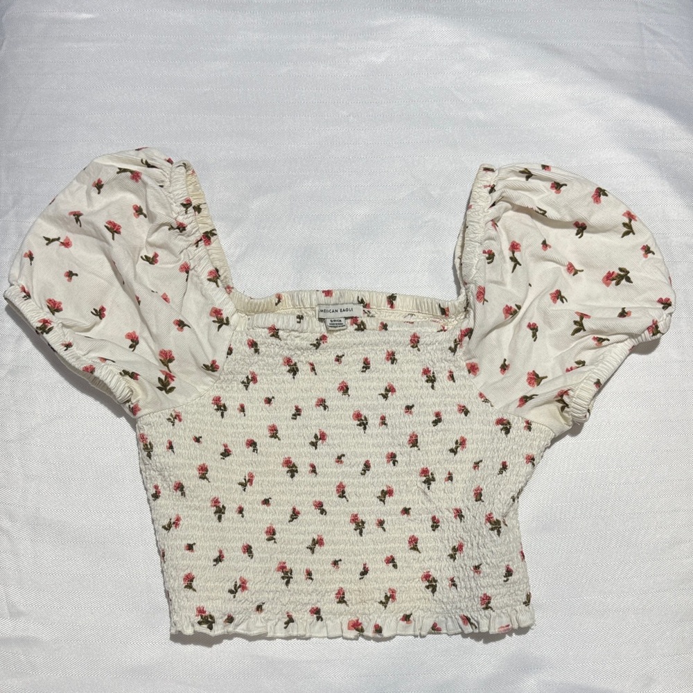 American Eagle Cream Smocked Crop Top with Pink Rose Print